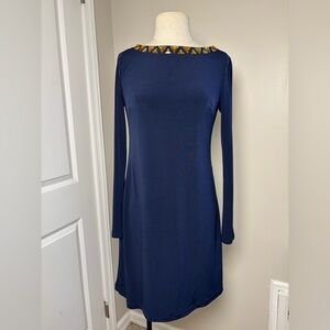 Elegant Navy Blue Dress with Embellished Neckline 2